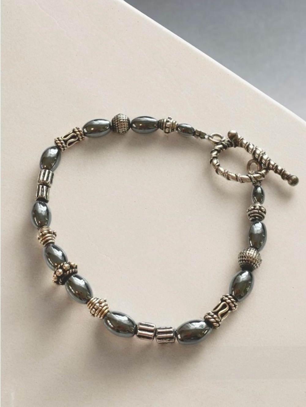 Sterling Hematite Bead Toggle Bracelet 6.5 inches